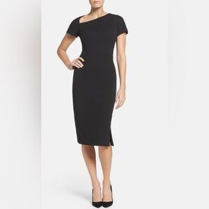 MAGGY LONDON Black Asymmetrical Neck Stretch Crepe Midi LBD Sheath Dress Size 0